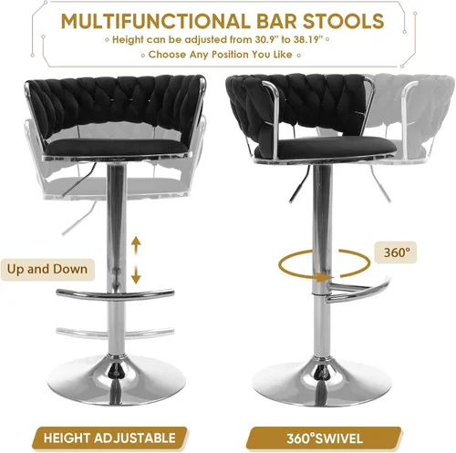 Vista 3 de Juego de 2 taburetes de bar giratorios de terciopelo, modernos taburetes de bar ajustables con respaldo tejido, taburete de bar de altura