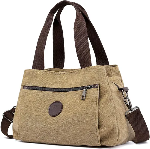 Vista 12 de Bolsos tipo morral de lona para mujer, bolsos cruzados de hombro, cartera con múltiples compartimentos, tamaño mediano Beige - Medium