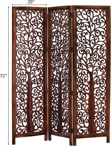 Vista 2 de Biombo Divisor de Habitación de Madera - Árbol Arbor Marrón Antiguo - Hecho a Mano 60 x 72 pulgadas Tres Paneles Plegables - Pantalla Decorativa