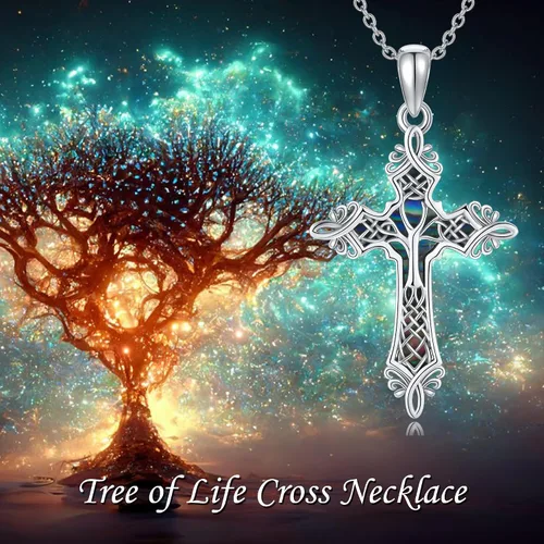 Vista 6 de URONE Delicado collar de cruz para mujer, plata de ley 925, colgante de árbol de la vida, collar con cruz de regalo para mujeres y niñas, Plata