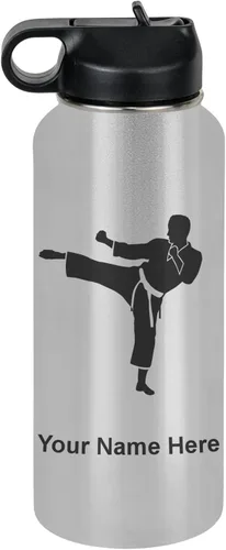 Vista 77 de Botella de agua personalizada LaserGram, Karate Man, de acero inoxidable con aislamiento al vacío de doble pared con tapa abatible, regalo grabado