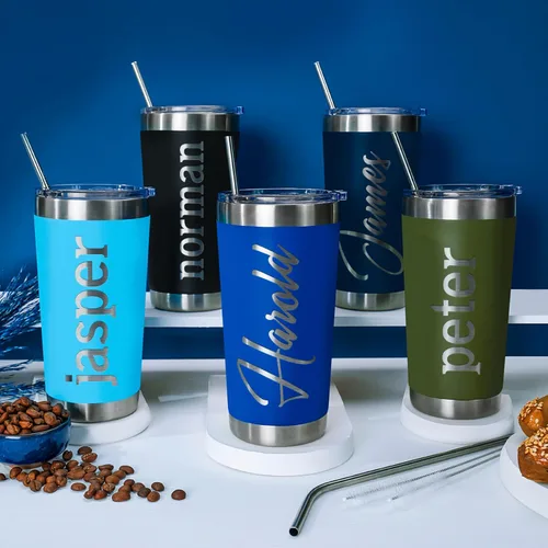 Vista 7 de Vasos personalizados, vaso de acero inoxidable de 20 onzas con tapa 13 diseños diferentes Tazas personalizadas de doble pared aisladas para café