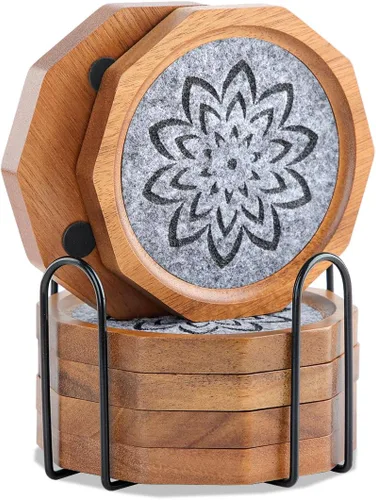 Vista 9 de Posavasos de Madera para Bebidas Absorbentes con Borde, 4.3 Pulgadas Posavasos Rústicos de Acacia Negra con Soporte de Feltro para Mesa de Café