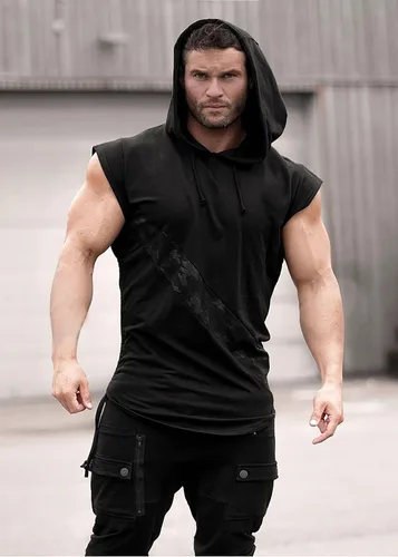 Vista 3 de MECH-ENG Camiseta sin mangas con capucha para hombre, camiseta atlética sin mangas, para culturismo, fitness, recortada, sudadera con capucha