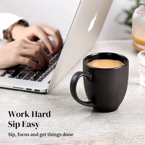 Vista 7 de DOWAN Tazas de café, juego de 6 tazas de café negras, tazas de café de cerámica de 16 onzas con asas grandes para hombres y mujeres, taza grande