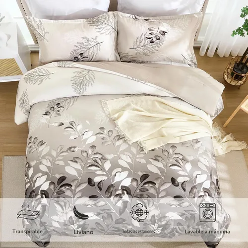 Vista 3 de DJY Juego de edredón beige tamaño Queen, edredón de 3 piezas con hojas botánicas marrones con 2 fundas de almohada, tamaño Queen, juego de edredón