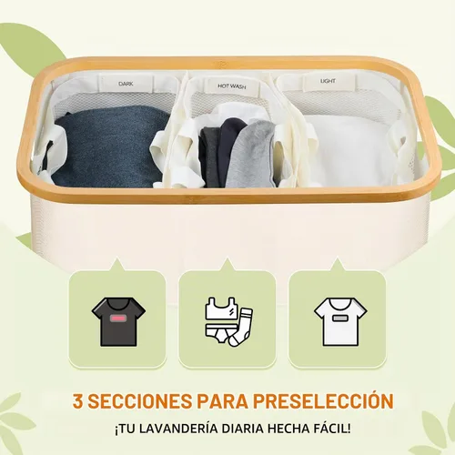 Vista 3 de Cesta de lavandería con tapa, cesta para ropa sucia de 160L, cesta de lavandería de 3 secciones, clasificador extra grande de 3 compartimentos