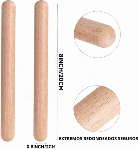 Vista 2 de 1 par de instrumentos de percusión musical de clavos de madera clásica de 8 pulgadas, palos de ritmo de madera natural (1 par FBA)