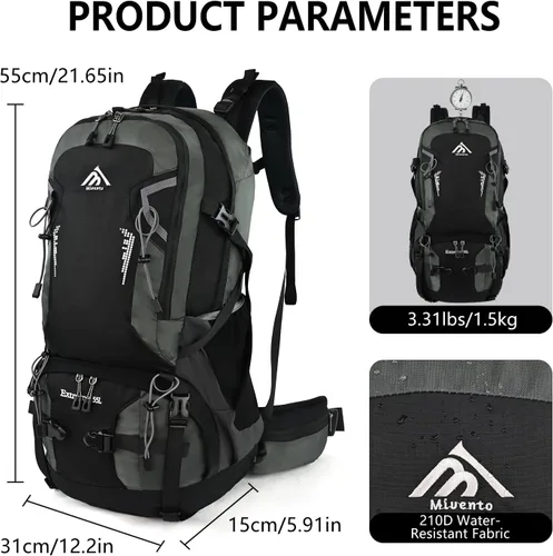 Vista 3 de Mochila de senderismo con marco interno de 55L para mujeres y hombres Negro