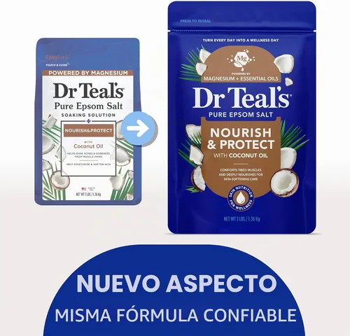 Vista 3 de Dr Teal's Sal de Epsom y magnesio remojo, nutre y protege con aceite de coco, 3 libras