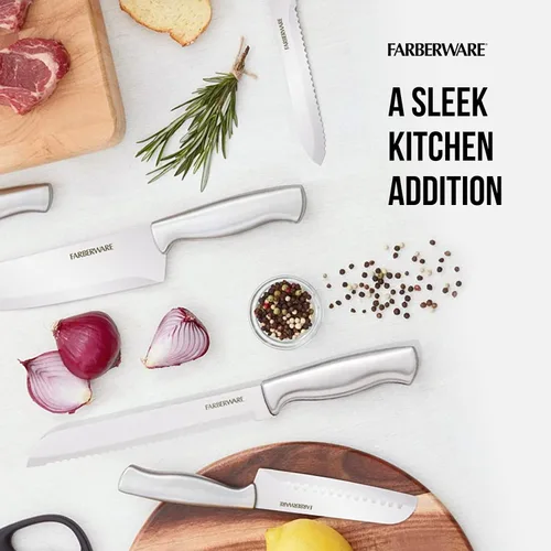 Vista 4 de Farberware EdgeKeeper - Juego de cuchillos de cocina de acero inoxidable estampado con bloque autoafilable, asas ergonómicas, se recomienda lavar a