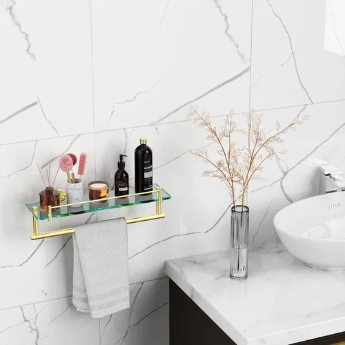 Vista 5 de Toallero con estante de 16 pulgadas, estante de baño con barra de toalla de vidrio templado, dorado cepillado moderno, acero inoxidable a prueba