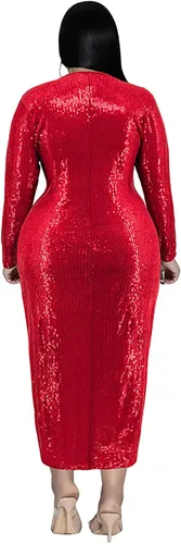 Vista 2 de OLUOLIN Vestido de lentejuelas con purpurina para mujer, cuello en V profundo, manga larga, cintura alta, con abertura, vestido largo para fiesta