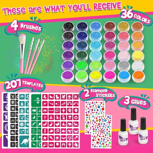 Vista 8 de Dreamon Tatuajes con purpurina para niños, tatuajes temporales para niñas y niños, kit de tatuaje con purpurina de 36 colores, regalos para fiesta