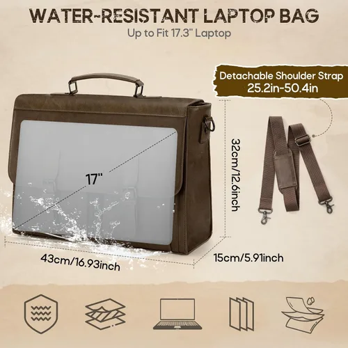 Vista 3 de RAINSMORE Bolsa de mensajero para hombre 17.3 pulgadas Vintage PU cuero Marrón