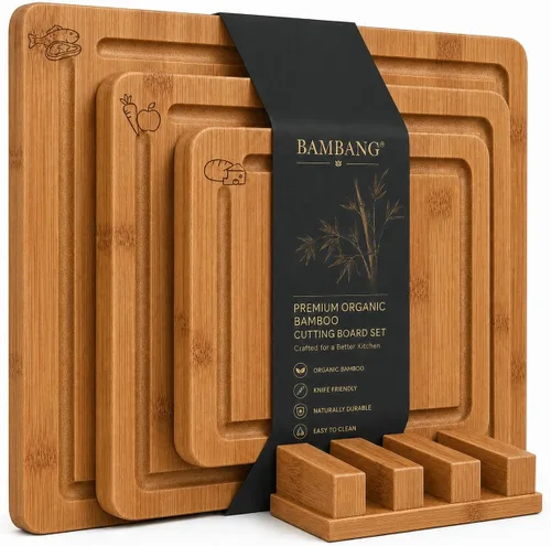 Vista 10 de BAMBANG Juego de tablas de cortar de bambú, tablas de cortar de madera de 3 piezas para cocina, bloque de carnicero no tóxico con ranura para jugo