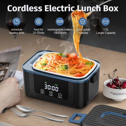 Vista 2 de Fiambrera eléctrica inalámbrica para adultos, hombres y mujeres, lonchera calentada con batería con contenedor de 1.5 L, lonchera autocalentable