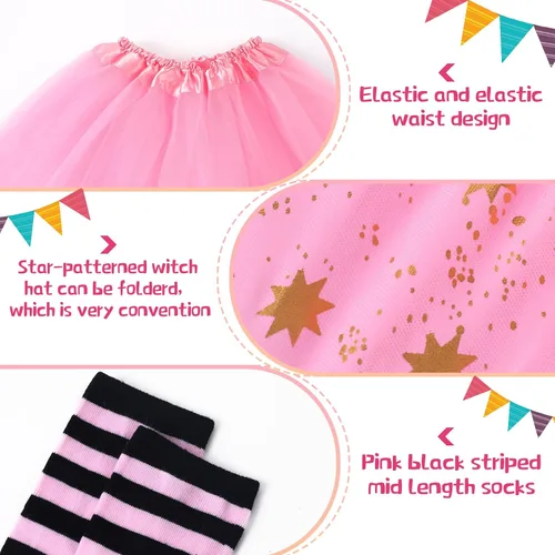 Vista 4 de Panitay Disfraz de bruja de Halloween para niñas pequeñas, incluye sombrero tutú rosa escoba y calcetines