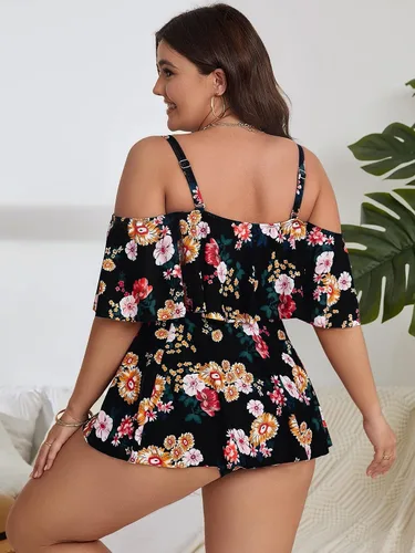 Vista 4 de SOLY HUX Traje de baño tankini de 2 piezas para mujer, talla grande, estampado floral, hombros descubiertos, ribete de volantes, traje de baño, Azul