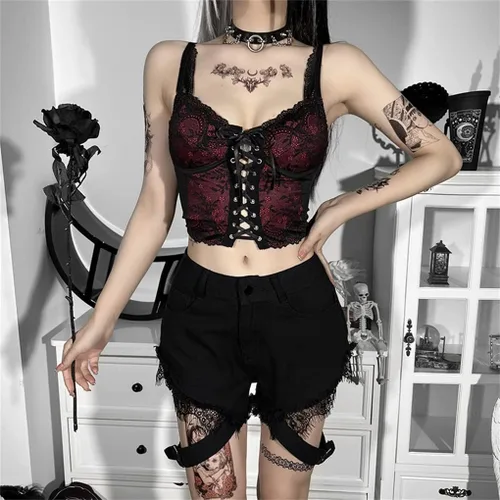 Vista 7 de Camisetas sin mangas para mujer, estilo gótico, estilo grunge, vintage, sin mangas, sexy, de malla, con volantes