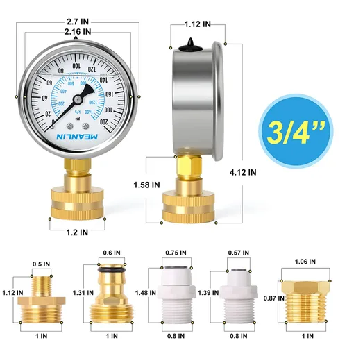 Vista 2 de MEANLIN MEASURE Manómetro de presión de 0~200 Psi con marco de acero inoxidable, rosca hembra de 3/4", relleno de líquido, kit con 5 adaptadores