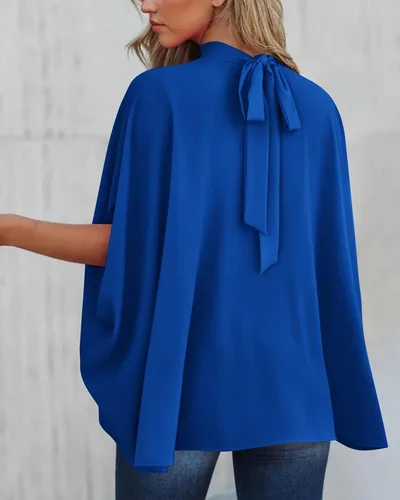 Vista 13 de BTFBM Blusas de verano para mujer, cuello alto falso, manga murciélago, holgadas, dobladillo alto y bajo, blusas informales de gran