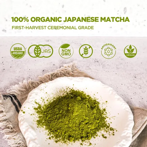 Vista 4 de Polvo de matcha japonés orgánico – Té verde Uji ceremonial Primera cosecha molido Polvo de matcha puro para lattes 2 latas de 1.06 oz