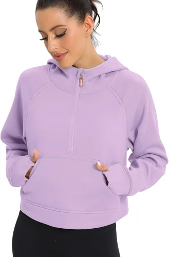 Vista 2 de Sudadera corta con media cremallera para mujer, con forro polar, con cremallera de un cuarto, sudadera atlética de moda, trajes de invierno