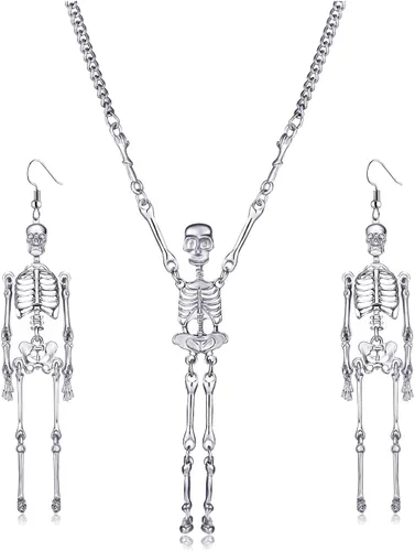 Vista 7 de Collar de esqueleto de Halloween para mujer, esqueleto de calavera fantasma, collar largo con colgante para niñas, collar de disfraz, regalo de Negro