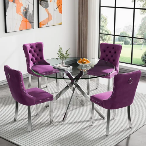 Vista 47 de Juego de mesa de comedor de cristal plateado moderno de 47 pulgadas para 2, juego de mesa de comedor de cocina redonda de 3 piezas con patas