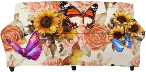 Vista 12 de Horeset Funda elástica para sofá de 1 cojín, diseño floral colorido con espuma antideslizante y parte inferior elástica