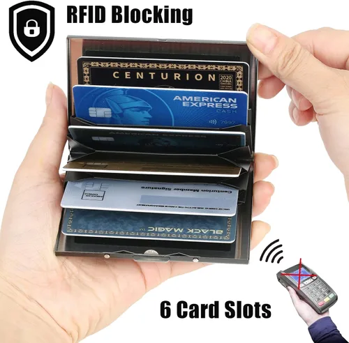 Vista 89 de BONSYL® Soporte para tarjetas de crédito, cartera delgada de metal con bloqueo RFID, con 6 ranuras para tarjetas, para mujeres y hombres.