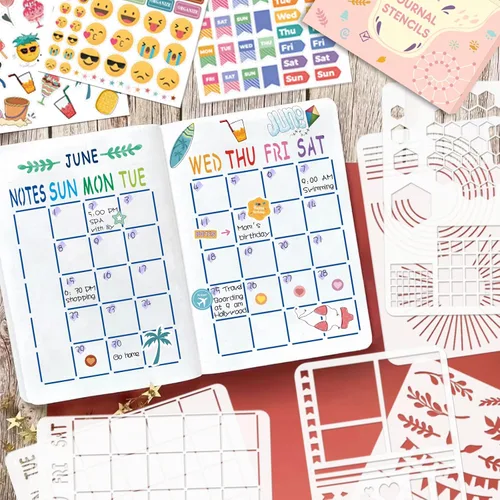 Vista 6 de Juego de plantillas para diarios de viñetas, kit de suministros/accesorios para diario de viñetas, incluye 24 plantillas de planificador punteado
