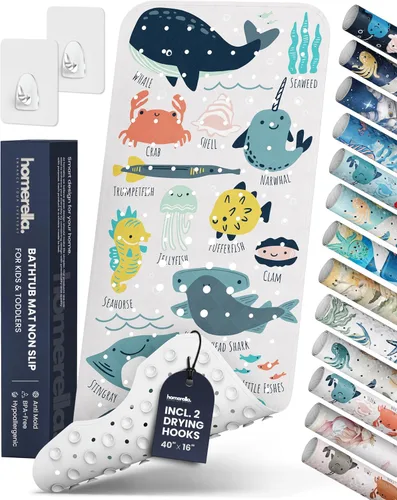 Vista 10 de Homerella - Alfombrilla de baño antideslizante y antideslizante para niños, 40 x 16 pulgadas, sin BPA, incluye 2 ganchos, tapete de ducha lavable