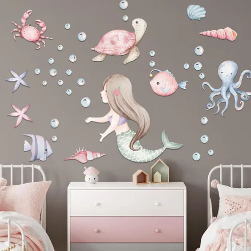 Vista 4 de Calcomanías de pared de sirena bajo el mar, calcomanías de pared de tortuga de pez oceánico, decoración de pared de baño, dormitorio de niñas, bebé