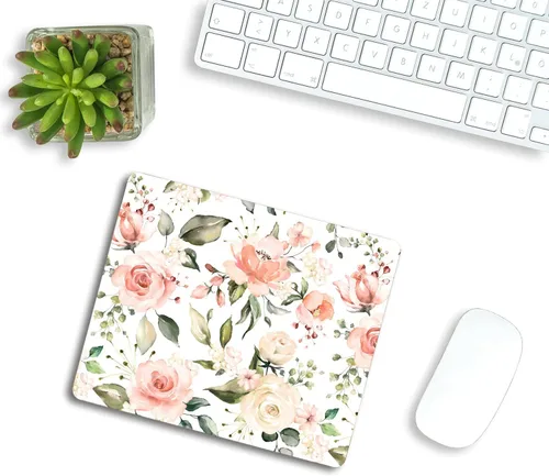 Vista 4 de Alfombrilla de mouse con flores rosas y verdes, accesorios de escritorio, floral, rosas, hogar, oficina, rectangular, alfombrilla de mouse de flores