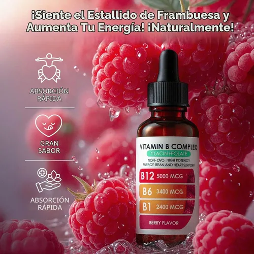 Vista 3 de Complejo de vitamina B12 con suplemento líquido de frambuesa B1, B6, vitamina B12, vitamina esencial 5 en 1 complejo de vitamina B, función