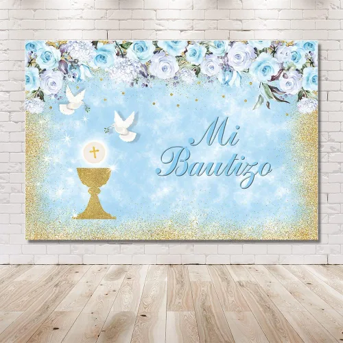Vista 6 de MEHOFOND Mi Bautizo - Telón de fondo para fiesta de bautismo para niños, fondo de fotografía de fondo dorado con texto en inglés "Bless Bles", Azul