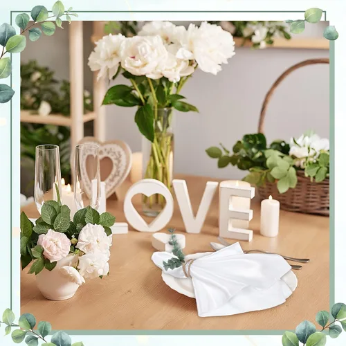 Vista 6 de 24 servilletas de eucalipto y servilletas de tela de madera de granja, diseño de hojas rústicas para decoración de mesa de boda y Pascua