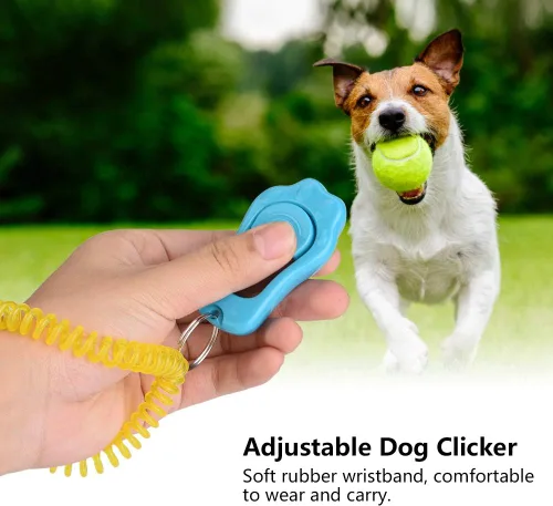 Vista 4 de Clicker de entrenamiento ajustable de 3 engranajes para perros y mascotas, con forma de pata, duradero, ligero, con correa de muñeca para gatos