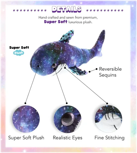 Vista 2 de DolliBu Shark Space - Peluche de lentejuelas abatibles de 12 pulgadas, con lentejuelas reversibles, abrazable, colorido juguete de peluche