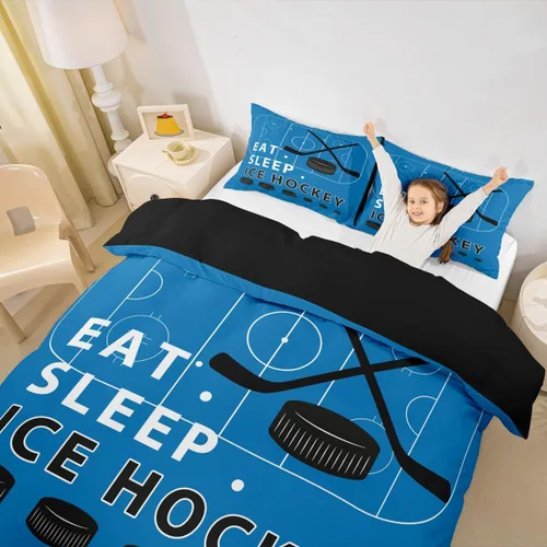 Vista 2 de Erosebridal Hockey Twin Duvet Cover for Boys,Blue and Black Sports Bedding Sets for Kids Teen,Ball Games Gamer Bed Set,Ice Hockey Field Quilt Cover