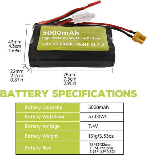 Vista 7 de sea jump Batería de iones de litio de 7.4V 5000mAh 2S con enchufe JST y enchufe XT30 con cable de carga USB adecuado para TX16S, TX18S, RC4GS