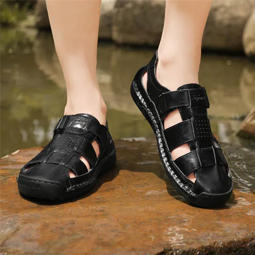 Vista 4 de GEXECEUSS Sandalias para hombre con punta cerrada, sandalias deportivas de cuero, sandalias de pescador, sandalias casuales para caminar al aire
