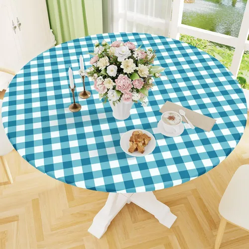 Vista 26 de Smiry - Mantel redondo de picnic de vinilo elástico impermeable con respaldo de franela, mantel de vinilo ajustable para mesas de 31-35 pulgadas