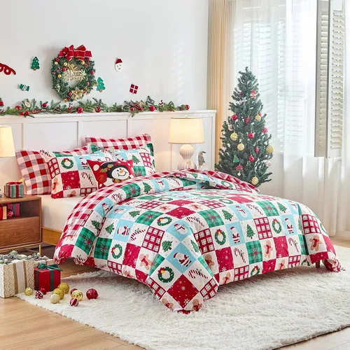 Vista 2 de Joyreap Juego de funda de edredón de 3 piezas, diseño navideño a cuadros rojos y verdes, microfibra suave y transpirable para todas las estaciones