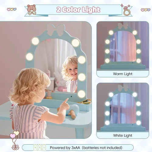 Vista 7 de Juego de tocador azul para niños con luz y silla de barbero, tocador de maquillaje con estante de almacenamiento y juego de peluquería, juego de 7