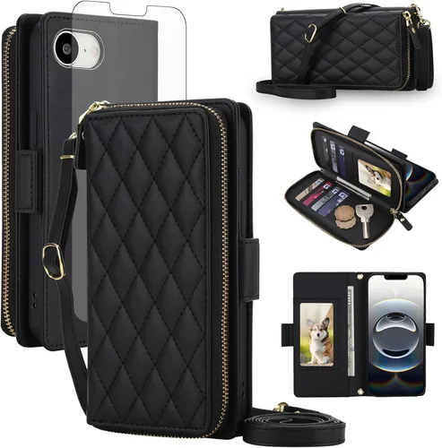 Vista 83 de Asuwish Funda compatible con iPhone 6/6s/7/8/SE 2020 2022 con cremallera y bloqueo RFID, protector de pantalla, correa cruzada i6 i7 i8 7s 8s SE2020