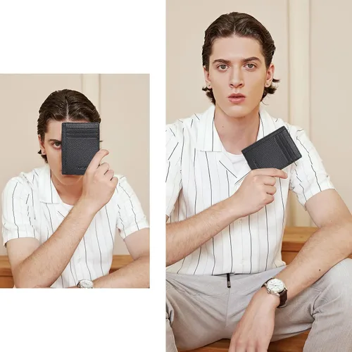 Vista 6 de Cartera para hombre, pequeña cartera de bolsillo frontal con bloqueo RFID, billetera delgada de cuero de grano superior, cartera de viaje delgada