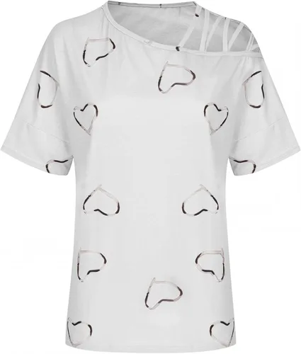 Vista 2 de Camiseta de manga corta con estampado de corazón para mujer, con un hombro descubierto, informal, con tiras